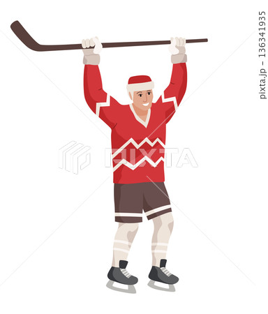 Ice hockey player. Athletes in uniform, dynamic pose, team sports on ice, winter game, forward, cartoon flat style isolated vector 136341935