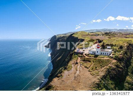 Drone panorama of Ponta do Pargo lighthouse Madeira Portugal, cliffs and Atlantic Drone panorama of Ponta do Pargo lighthouse Madeira Portugal, cliffs and Atlantic 136341977