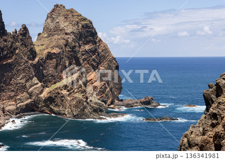 Baia d Abra sea stack at Ponta de Sao Lourenco Madeira, cliffs and Atlantic 136341981