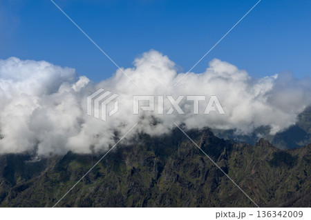 Cloud bank over volcanic mountains at Curral das Freiras Madeira Portugal, ridges 136342009