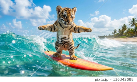 美しい南の海でサーフィンしている赤ちゃん虎 美しい南の海でサーフィンしている赤ちゃん虎 136342099