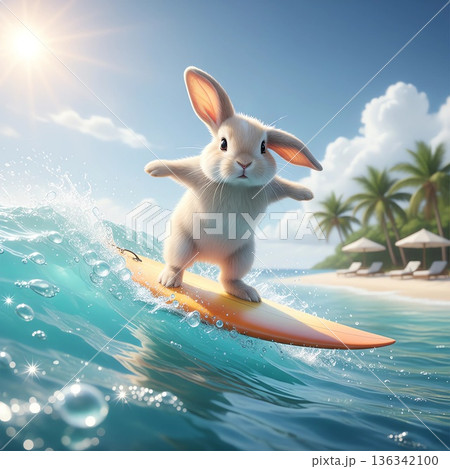 美しい南の海でサーフィンしている赤ちゃん子ウサギ 136342100