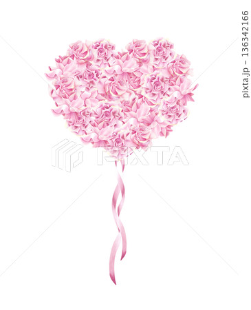 Watercolor balloon from pink roses in heart shape with hanging silk ribbons. Elegant flower open bud illustration for Valentine's Day, bachelorette party, Wedding. Isolated from background 136342166