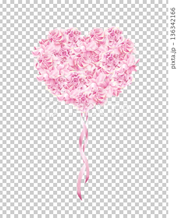Watercolor balloon from pink roses in heart shape with hanging silk ribbons. Elegant flower open bud illustration for Valentine's Day, bachelorette party, Wedding. Isolated from background 136342166