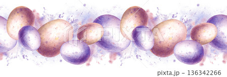 Seamless border of painted eggs on a background of splashes of paint. Watercolor illustration with pink and purple Easter eggs on an isolated background. A festive banner for Easter decoration. 136342266