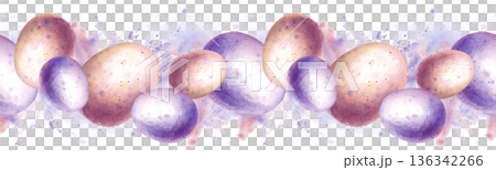 Seamless border of painted eggs on a background of splashes of paint. Watercolor illustration with pink and purple Easter eggs on an isolated background. A festive banner for Easter decoration. 136342266