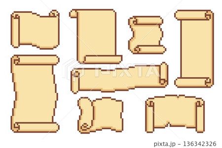 Pixel art game scrolls, vintage parchment frames 136342326