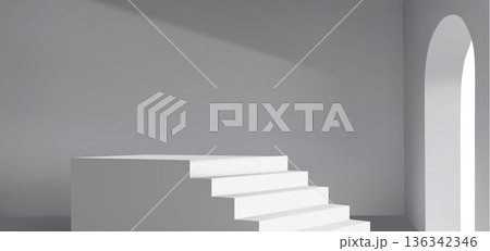 White 3D stair podium with arch window realistic White 3D stair podium with arch window realistic 136342346
