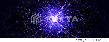 Neuron Firing Human Brain Neural Network Innovate Science Technology Background. Medical Neurology Bio Tech Scientific Research Banner Flash Glow Fractal. Blue AI Digital Net. Vector Illustration 136342360