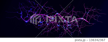 Lightning Thunderbolt Strike Black Night Background, Purple Glow Light Effect Thunder Bolt. Realistic Spark Lightening Discharge Burst, Electric Shock Current. Energy Charge Line. Vector Illustration. 136342367