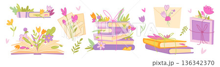 Book stack with flowers cartoon vector illustration 136342370