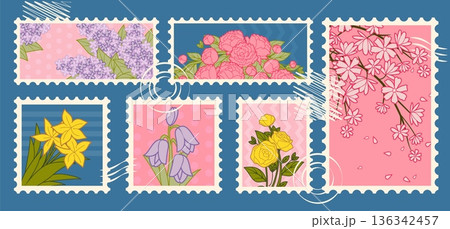 Vintage postage stamp spring collection, vectorのイラスト素材 [136342457] - PIXTA