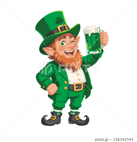 Lucky Irish Leprechaun Holding Green Beer Mug St Patricks Day Vector. 136342541