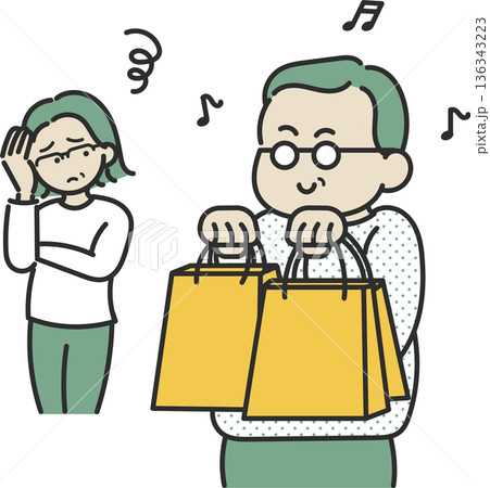 浪費家の夫と倹約家の妻のイラスト 136343223