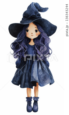 Watercolor cute doll girl wearing black winter knitted dress and witch hat costume on Halloween clip art illustration isolated on white background 136343244
