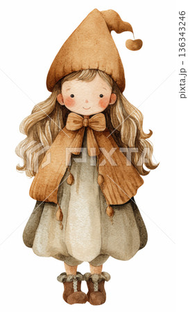 Watercolor cute doll girl wearing brown winter knitted dress and witch hat costume on Halloween clip art illustration isolated on white background 136343246