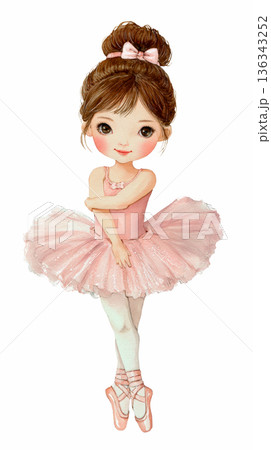 Watercolor cute doll girl dancing ballerina in light pink tutu skirt costume clip art illustration isolated on white background 136343252