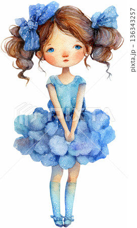 Watercolor cute doll girl wearing a blue dress and bows costume clip art illustration isolated on white background 136343257