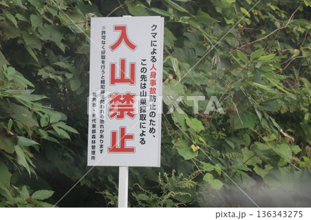 立ち入り禁止の看板、入山禁止、立札、火山ガス、熊、秋田、青森 136343275