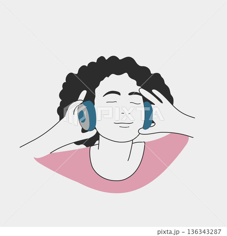 A young woman listens to music in headphones, feeling emotional. Flat illustration style about self-awareness and mood. Modern calm colors with a simple composition. 136343287