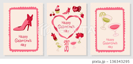 Galentine's Day Card Set. Cocktails, Shoes, Heart 136343295