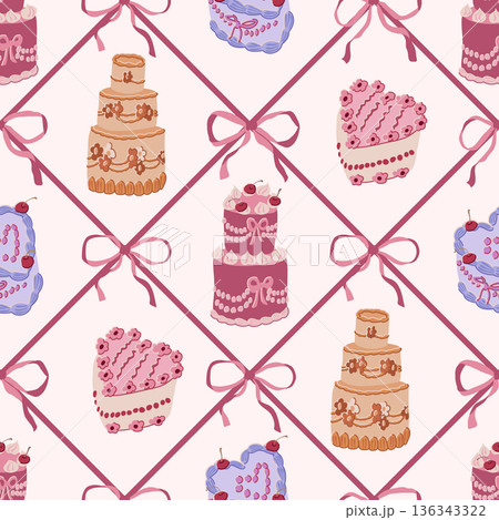 Sweet Cake Pattern. Flat Design 3-Tier and Heart Cakes in Ribbon Grid 136343322