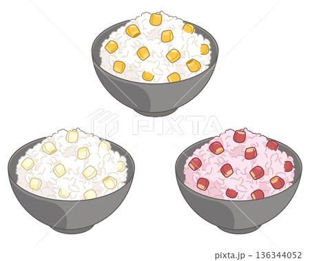 3色のトウモロコシご飯のイラスト 136344052