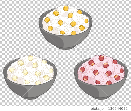 3色のトウモロコシご飯のイラスト 136344052