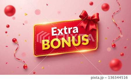 Extra bonus red label ribbon bow reward promotion festive extra bonus red label ribbon bow reward promotion sale celebration background joy 136344516