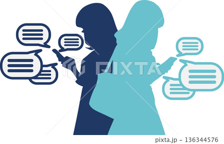 SNSに熱中する女性のグラフィック素材イラスト 136344576