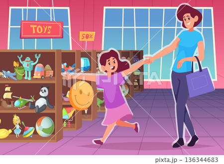 Toy store. happy girl with mother shopping in toy store. vector background 136344683