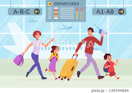 Tourists in terminal. happy family running in airport 136344684