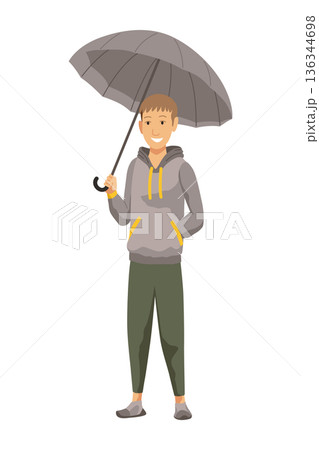 A pixel art of a man with an umbrella in the rain 136344698