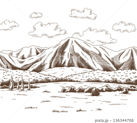Vintage meadow with high mountains and clouds. Hand drawn farm land vector illustration. Rural landscape, village vintage sketch 136344708