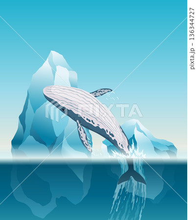 Whale jumping under the blue ocean surface near icebergs. Winter arctic vector illustration. Iceland 136344727
