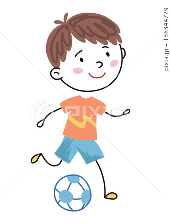 Child engaging in energetic soccer, Lively child kicking ball outdoors with happiness, Cheerful Caucasian child enthusiastically kicking soccer ball in sunny park scene 136344729