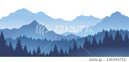 Foggy mountains landscape background. Smoky and rocky panorama with mountains skyline and pine tree forest silhouettes. Scenery with slopes, vector cartoon illustration 136344732