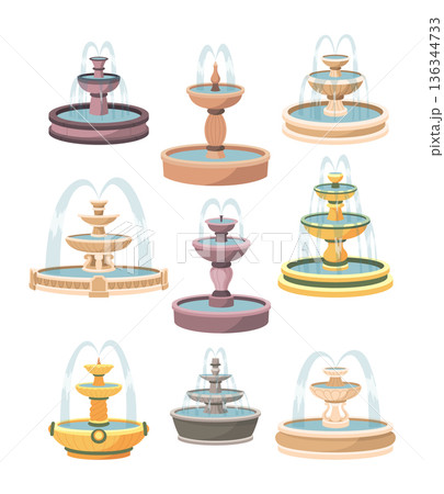 Set of water fountains and water splash. Vintage and modern architecture decor with splashing drops. Outdoor park decoration with architectural elements cartoon vector 136344733