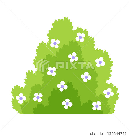 Bush with flowers icon. Cartoon forest and park shrubbery with floral elements. Landscape scene create element. Vector cartoon illustration 136344751