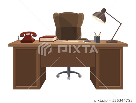 Detective office interior element. Desk with stationery for detective. Crime and criminal evidence. Vector flat style cartoon illustration isolated on white background 136344753