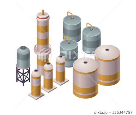 Industrial tank complex, Modern industrial tanks connected by pipelines and platforms, Industrial storage system featuring cylindrical tanks and interconnected pathways 136344787