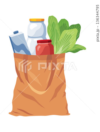 Paper shopping bag products grocery. Different food and beverage products, grocery shopping. Grocery supermarket. Fresh organic food and drinks. Grocery delivery concept 136344795