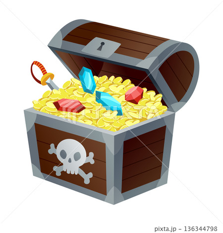 Treasure gold coins. Chest full of shiny royal gold and gemstones. Gold treasure, shiny savings, golden coins isolated on white background. Vector cartoon icon 136344798