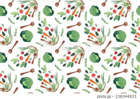 Seamless pattern with a variety of vegetables and kitchen utensils. Hand-drawn colorful salad leaves, vegetables, and kitchen utensils. Healthy organic produce. Fresh, healthy vegetables. 136344815