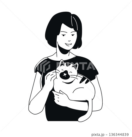 Woman with Cat - Black and White Flat Design Illustration 136344839