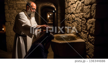 In a stone room, a priest pours water from a vessel onto the head of a kneeling person. The atmosphere is simple and traditional. The ceremony is part of a baptism ritual. 136344886