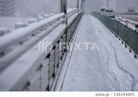 雪が積もった橋の側道　新荒川大橋 136344895