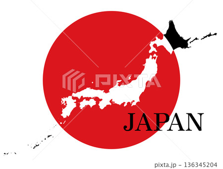 日本地図 日本の国旗の赤丸の中に日本の地図があるイラスト 透過素材 136345204