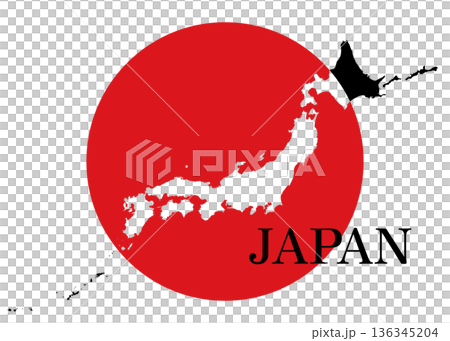 日本地図 日本の国旗の赤丸の中に日本の地図があるイラスト 透過素材 136345204