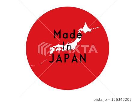 Made in JAPAN 日本地図 日本の国旗の赤丸の中に日本の地図があるイラスト 136345205